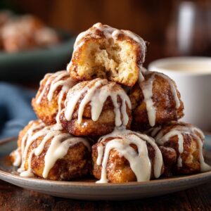 Golden-brown cinnamon roll French toast bites stacked on a plate, drizzled with icing and served with a side of maple syrup.