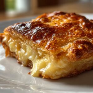 Buttery Turkey & Cheese Croissant Melt 2 Buttery Turkey & Cheese Croissant Melt on a wooden board with melted cheese and golden flaky croissants