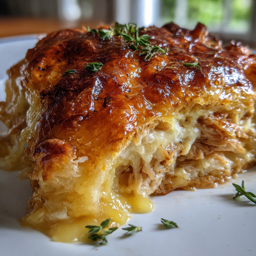 Buttery Turkey & Cheese Croissant Melt 1 Buttery Turkey & Cheese Croissant Melt on a wooden board with melted cheese and golden flaky croissants
