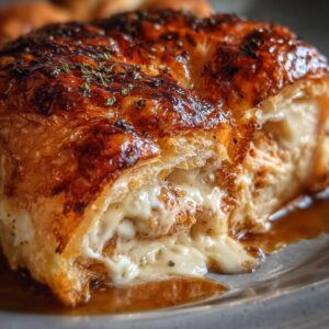 Buttery Turkey & Cheese Croissant Melt 3 Buttery Turkey & Cheese Croissant Melt on a wooden board with melted cheese and golden flaky croissants