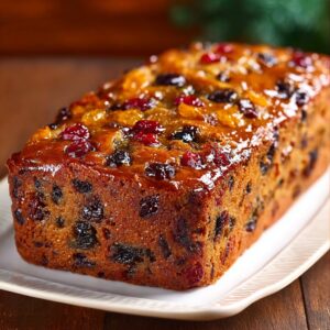 Heavenly moist fruit cake sliced on a wooden board with dried fruits and nuts