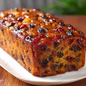 Heavenly moist fruit cake sliced on a wooden board with dried fruits and nuts