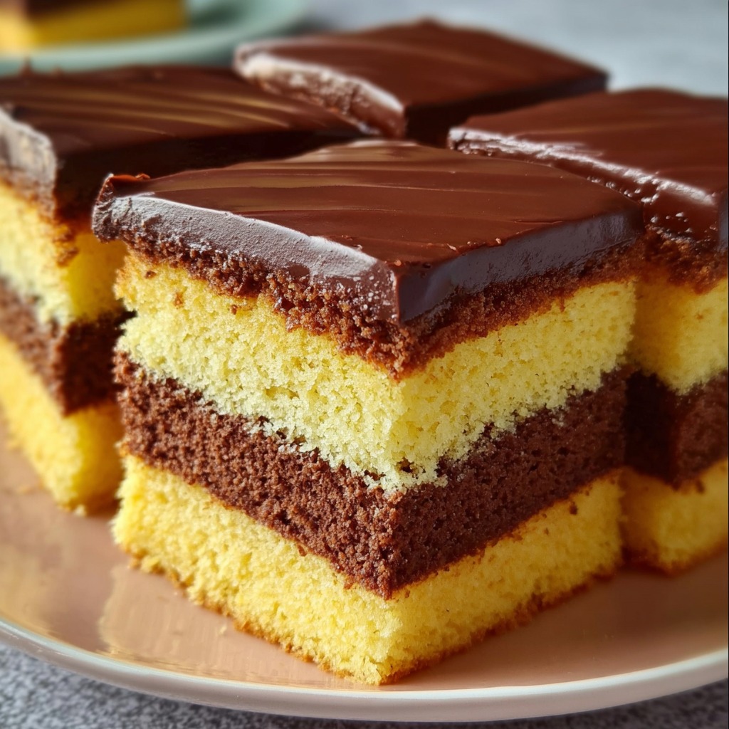 Moist vanilla cake sliced to reveal a rich chocolate filling inside.
