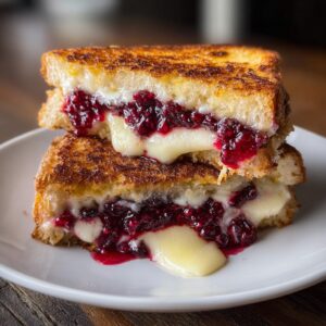Brie & Blackberry Jam Grilled Cheese sandwich sliced in half with melted brie and blackberry jam oozing between golden sourdough slices