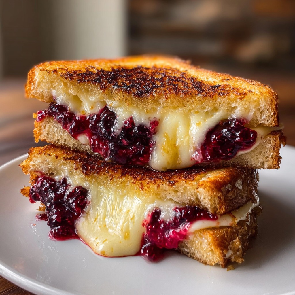 Brie & Blackberry Jam Grilled Cheese sandwich sliced in half with melted brie and blackberry jam oozing between golden sourdough slices