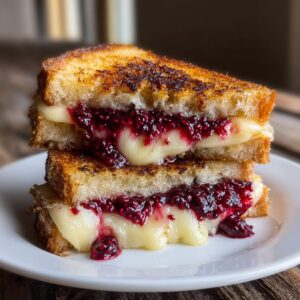 Brie & Blackberry Jam Grilled Cheese sandwich sliced in half with melted brie and blackberry jam oozing between golden sourdough slices