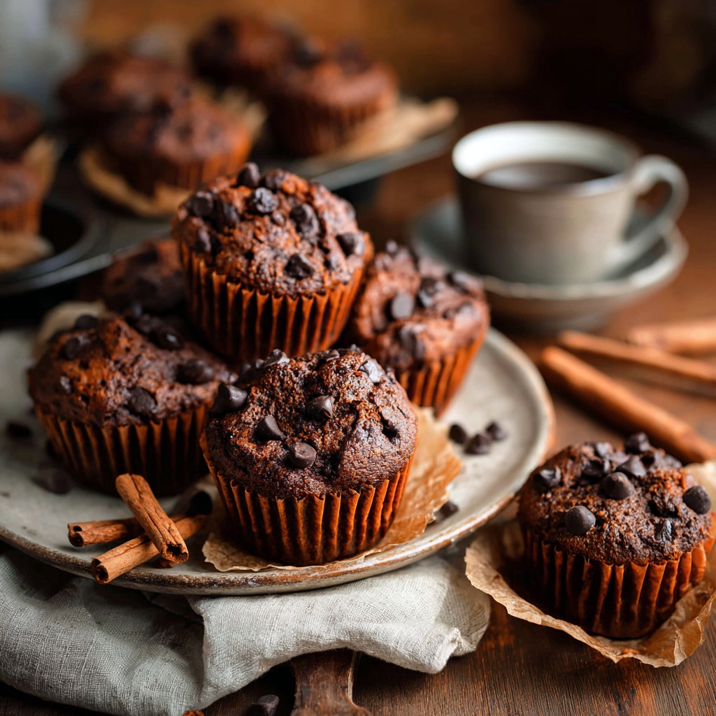 Sweet potato chocolate muffins cooling on a rack with chocolate chips on top