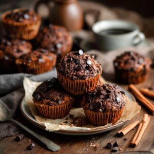 Sweet potato chocolate muffins cooling on a rack with chocolate chips on top