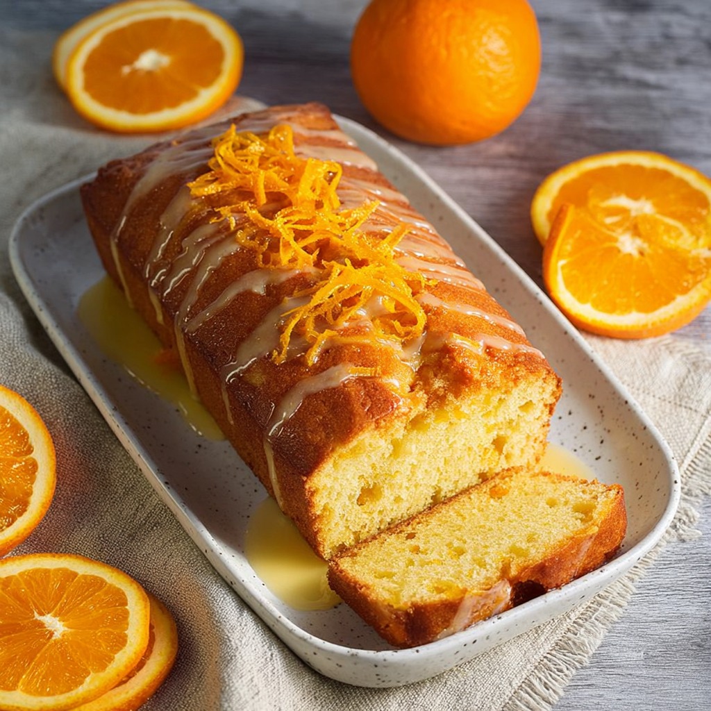 Glazed orange loaf cake topped with citrus glaze on a wooden cutting board