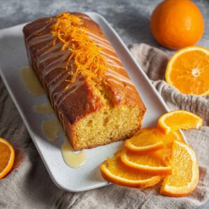 Glazed orange loaf cake topped with citrus glaze on a wooden cutting board