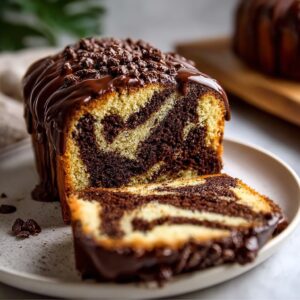 A moist slice of Double Chocolate Ricotta Marble Cake showing rich chocolate swirls and a soft, tender crumb.