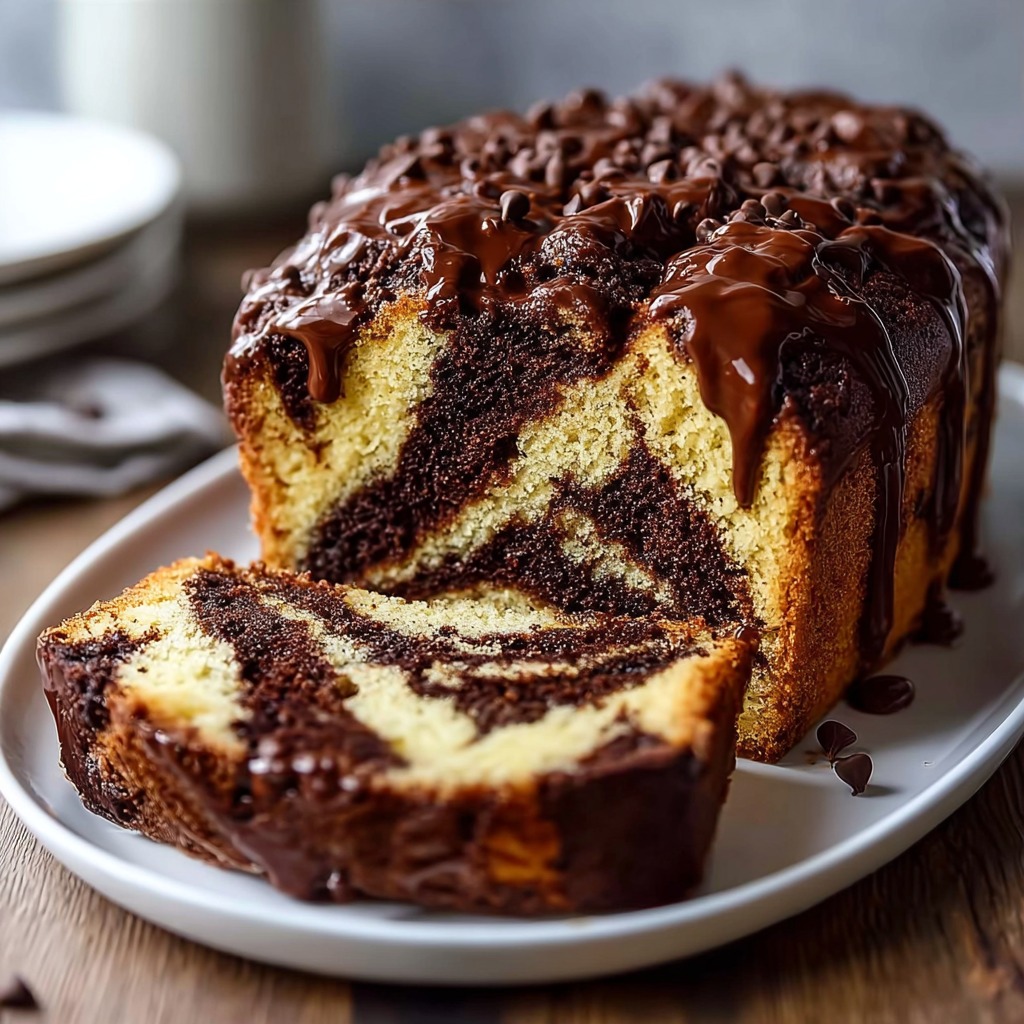 A moist slice of Double Chocolate Ricotta Marble Cake showing rich chocolate swirls and a soft, tender crumb.