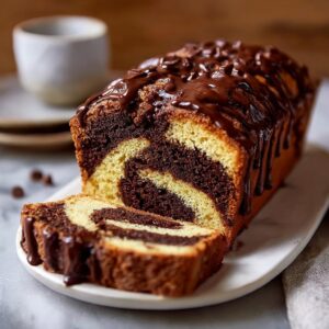 A moist slice of Double Chocolate Ricotta Marble Cake showing rich chocolate swirls and a soft, tender crumb.