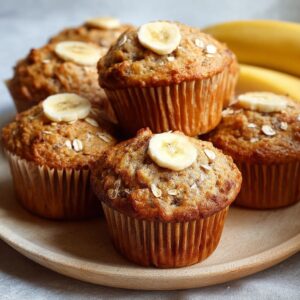 Freshly baked Greek Yogurt Banana Muffins on a cooling rack with golden tops and visible banana chunks.