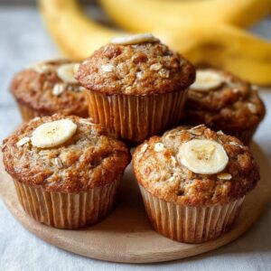 Freshly baked Greek Yogurt Banana Muffins on a cooling rack with golden tops and visible banana chunks.