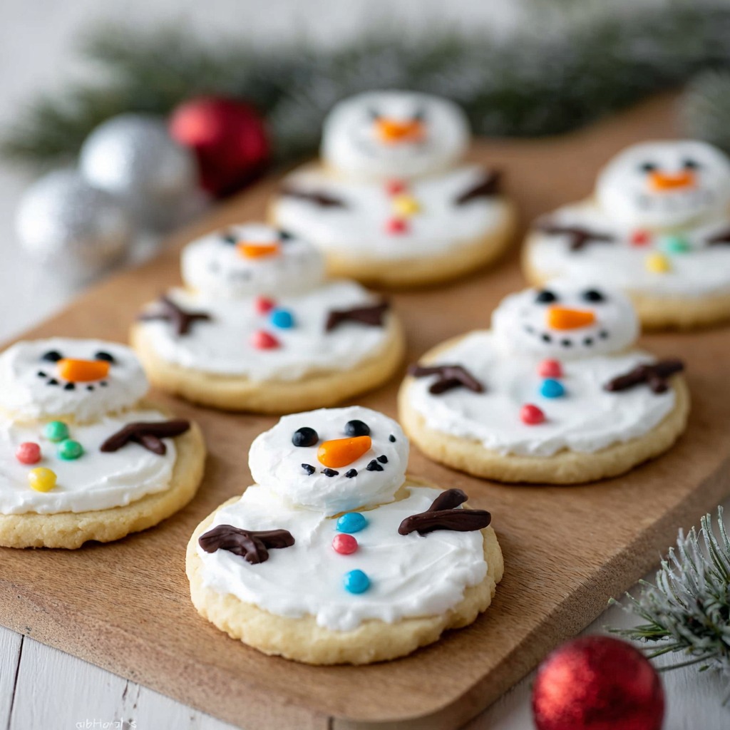 Decorated Melted Snowman Cookies with marshmallow heads, icing, and candy on a sugar cookie base