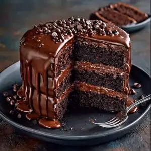 Triple Layer Chocolate Fudge Cake 2 Triple Layer Chocolate Fudge Cake topped with glossy fudge frostin