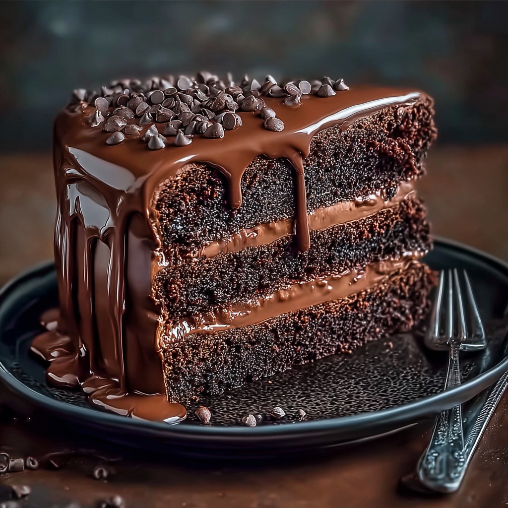 Triple Layer Chocolate Fudge Cake topped with glossy fudge frostin