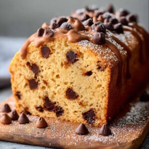Freshly baked chocolate chips butter pound cake loaf sliced on a wooden board