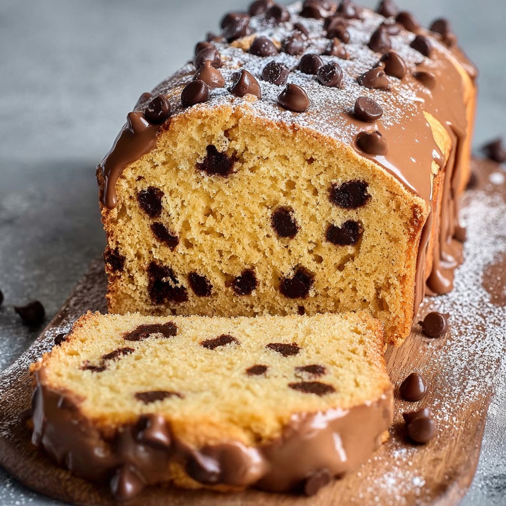 Freshly baked chocolate chips butter pound cake loaf sliced on a wooden board