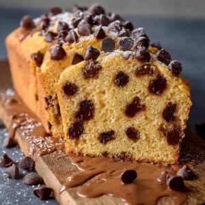 Freshly baked chocolate chips butter pound cake loaf sliced on a wooden board
