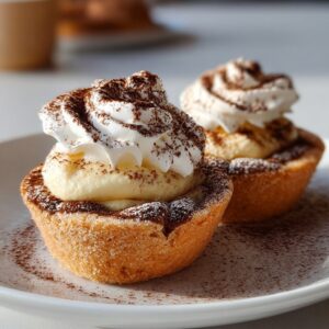 Tiramisu Cookie Cups filled with creamy mascarpone and dusted with cocoa powder