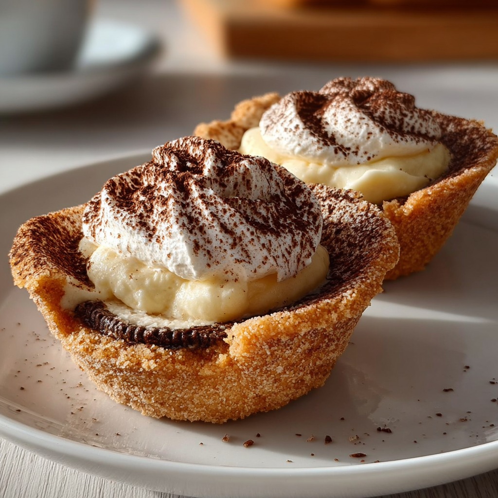 Tiramisu Cookie Cups filled with creamy mascarpone and dusted with cocoa powder