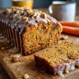 Sliced carrot ginger date loaf on a wooden board with fresh ginger and grated carrot