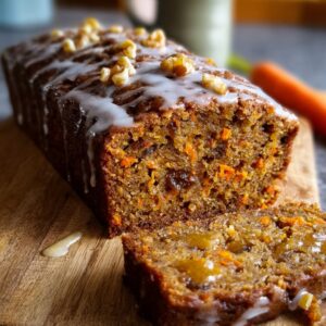 Sliced carrot ginger date loaf on a wooden board with fresh ginger and grated carrot