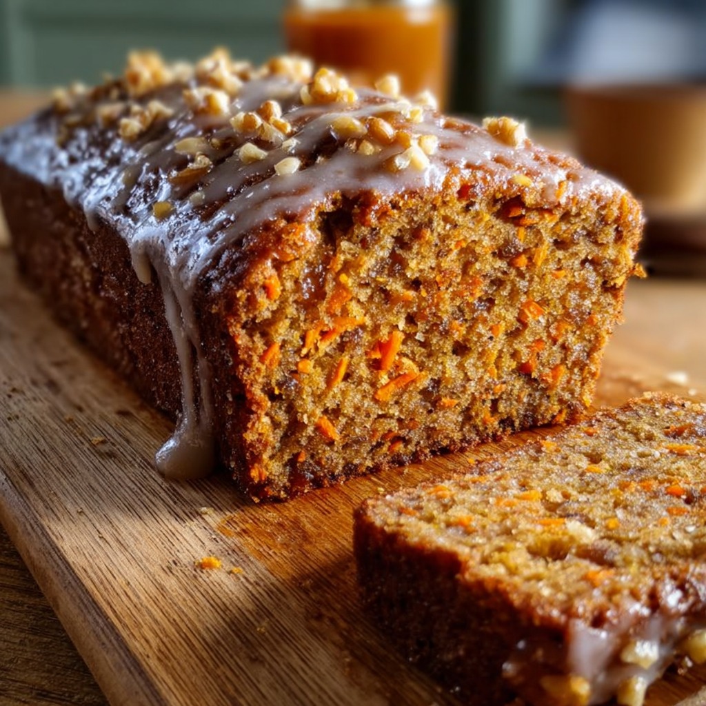 Sliced carrot ginger date loaf on a wooden board with fresh ginger and grated carrot