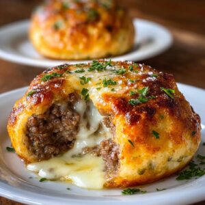 Golden brown Garlic Parmesan Cheeseburger Bombs fresh out of the oven, brushed with garlic butter and sprinkled with Parmesan.