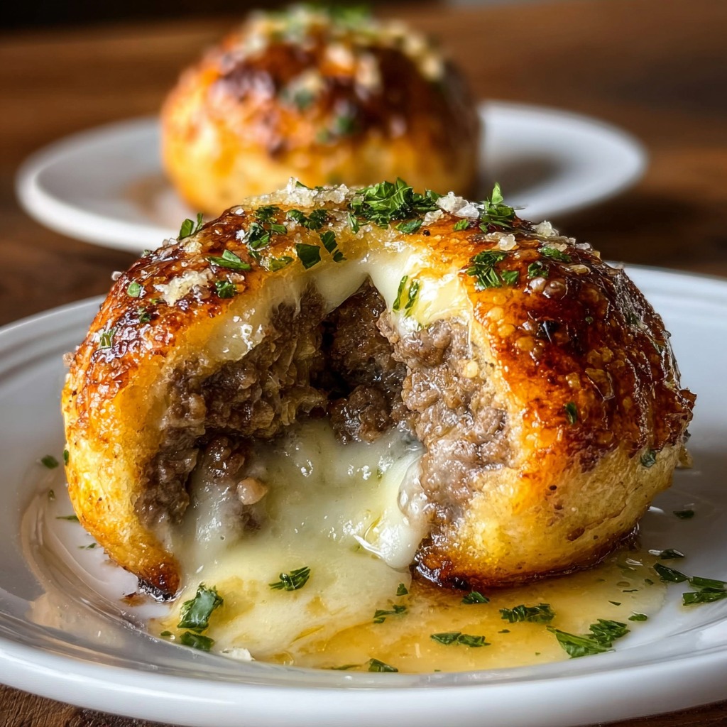 Golden brown Garlic Parmesan Cheeseburger Bombs fresh out of the oven, brushed with garlic butter and sprinkled with Parmesan.