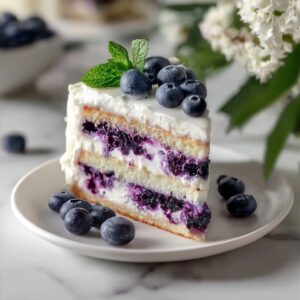 Elegant blueberry layer cake with cream cheese frosting, topped with fresh blueberries and lemon zest.