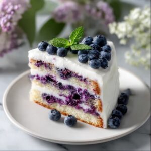 Elegant blueberry layer cake with cream cheese frosting, topped with fresh blueberries and lemon zest.