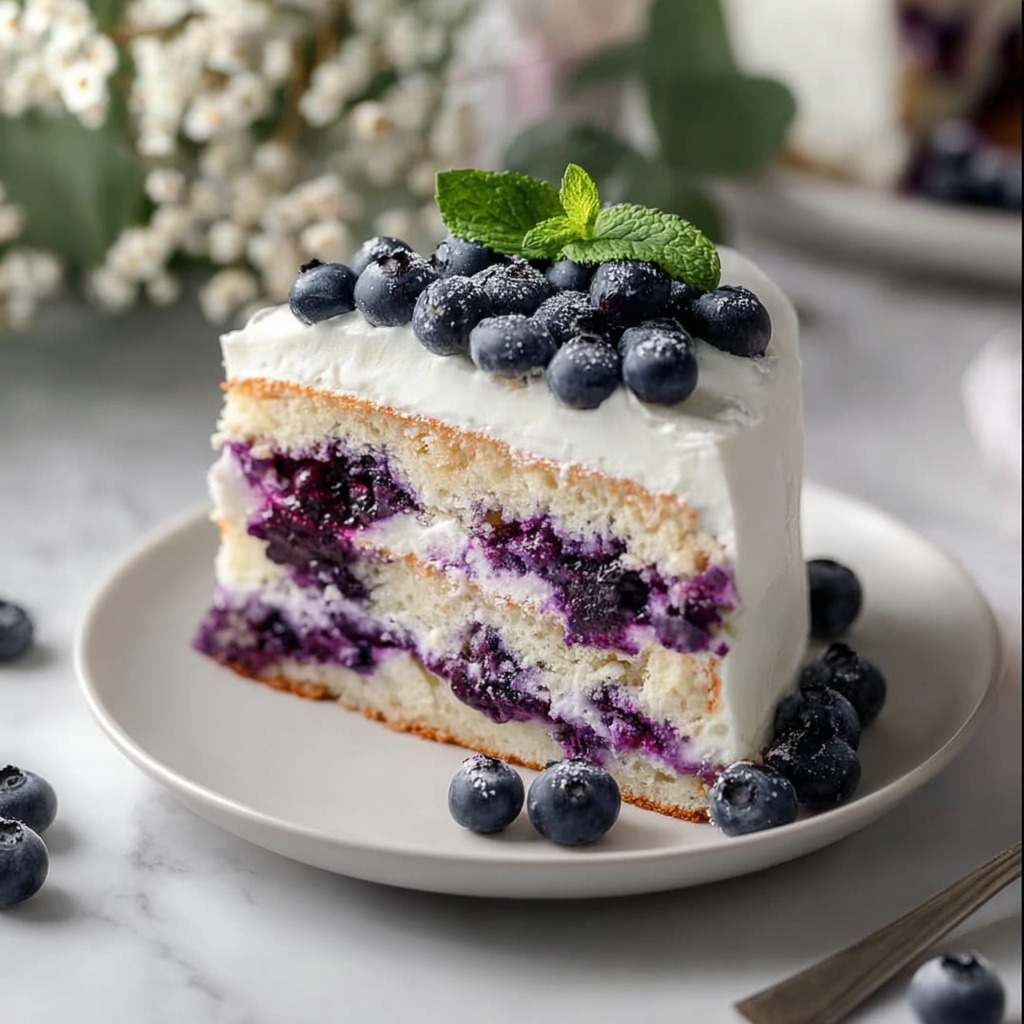 Elegant blueberry layer cake with cream cheese frosting, topped with fresh blueberries and lemon zest.