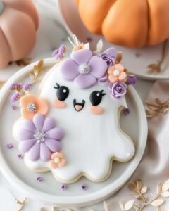 Adorable Floral Ghost Halloween Cookies decorated with edible flowers and ghost faces