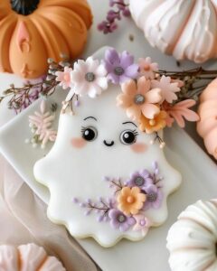 Adorable Floral Ghost Halloween Cookies decorated with edible flowers and ghost faces