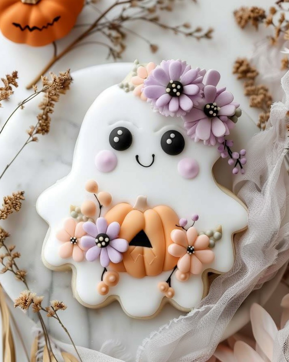 Adorable Floral Ghost Halloween Cookies decorated with edible flowers and ghost faces