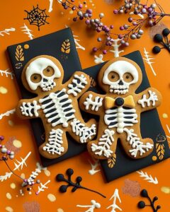 Spooky skeleton gingerbread cookies decorated with white icing bones for Halloween