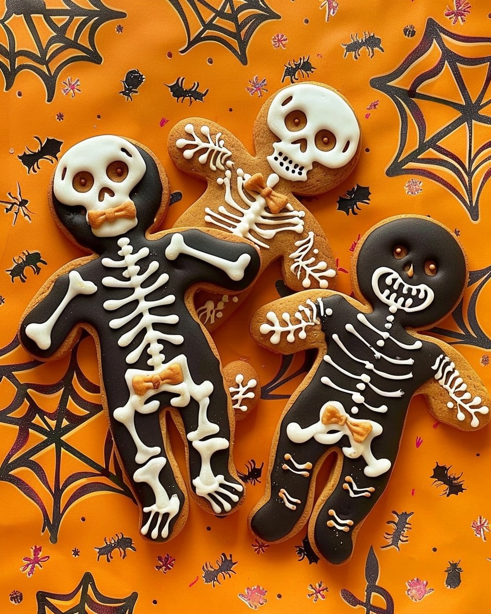 Spooky skeleton gingerbread cookies decorated with white icing bones for Halloween