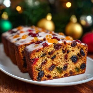 Heavenly Moist Fruit Cake sliced on a wooden board surrounded by festive holiday decorations
