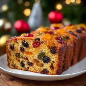 Heavenly Moist Fruit Cake sliced on a wooden board surrounded by festive holiday decorations