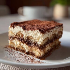 Classic Tiramisu layered with mascarpone cream and cocoa powder
