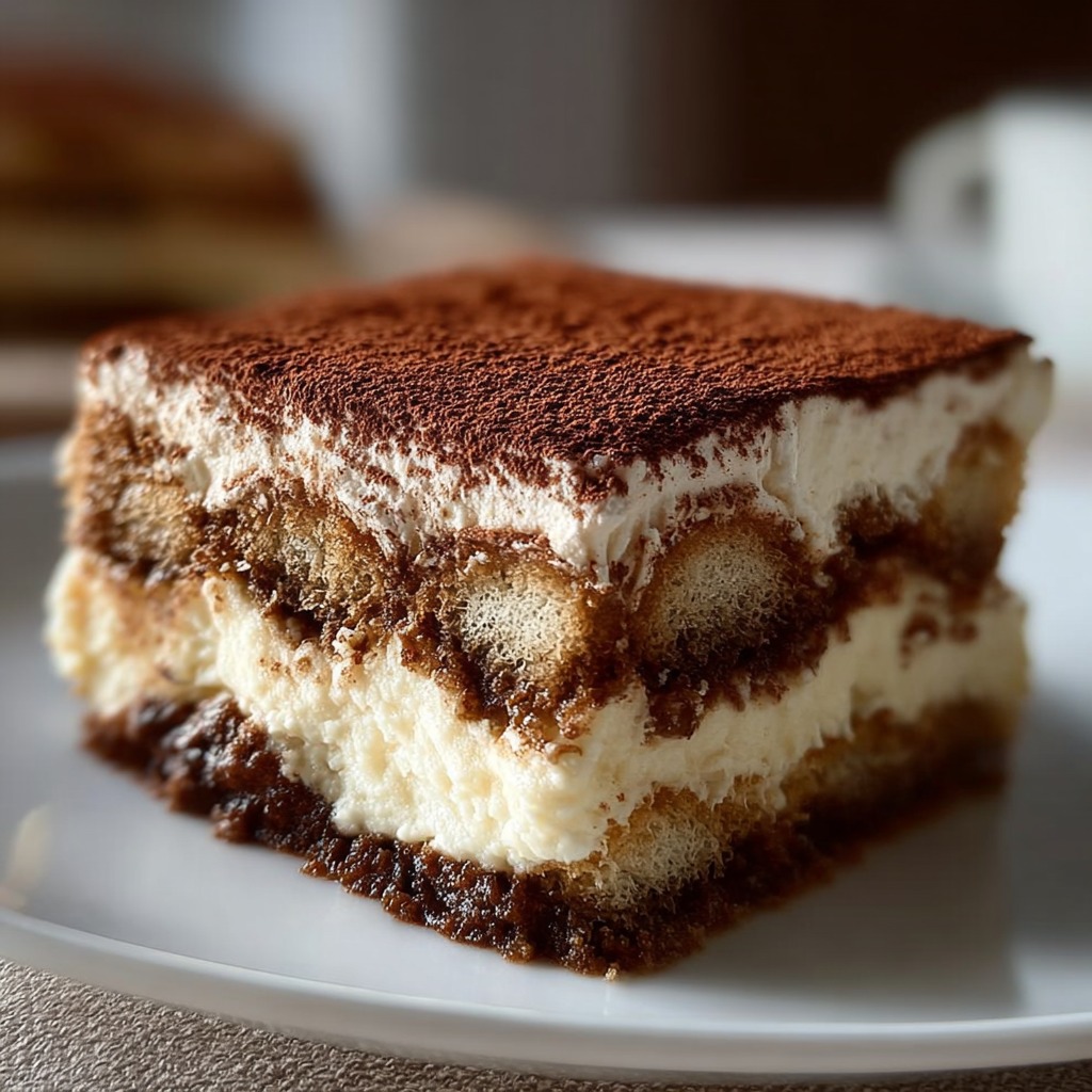 Classic Tiramisu layered with mascarpone cream and cocoa powder