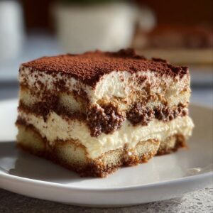 Classic Tiramisu layered with mascarpone cream and cocoa powder