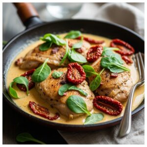 Creamy Marry Me Chicken with sun-dried tomatoes and fresh herbs served in a rustic skillet.