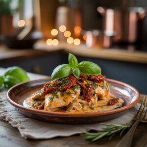 Creamy Marry Me Chicken with sun-dried tomatoes and fresh herbs served in a rustic skillet.