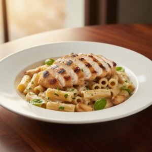 Creamy Garlic Parmesan Chicken Pasta with sliced chicken and parsley garnish in a white bowl