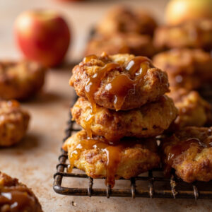 Mini cinnamon apple fritters stacked on a plate, glazed and golden brown