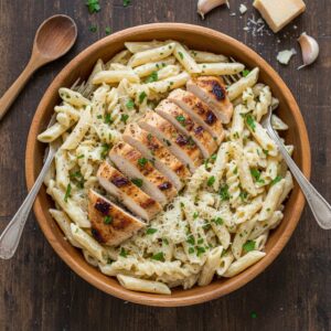 Creamy Garlic Parmesan Chicken Pasta with sliced chicken and parsley garnish in a white bowl
